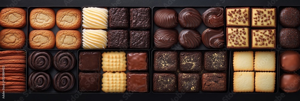 Assortment of Chocolate, Cookies, Biscuits in a Box, Gourmet Dessert Treats, Top View Assortment of Chocolate, Cookies, Biscuits in a Box, Gourmet Dessert Treats, Top View