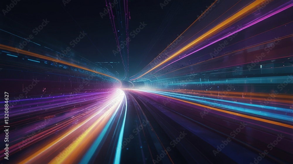 A Vibrant Journey Through A Neon-lit Digital Highway, Speeding Towards A Bright Future With Streaks Of Purple, Orange, And Blue Light A Vibrant Journey Through A Neon-lit Digital Highway, Speeding Towards A Bright Future With Streaks Of Purple, Orange, And Blue Light
