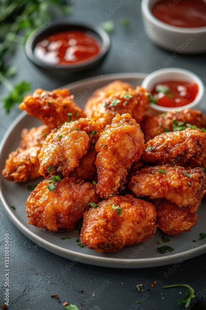 A plate of crispy fried chicken nuggets served with a variety of dipping sauces, perfect for snacking or mealtime A plate of crispy fried chicken nuggets served with a variety of dipping sauces, perfect for snacking or mealtime