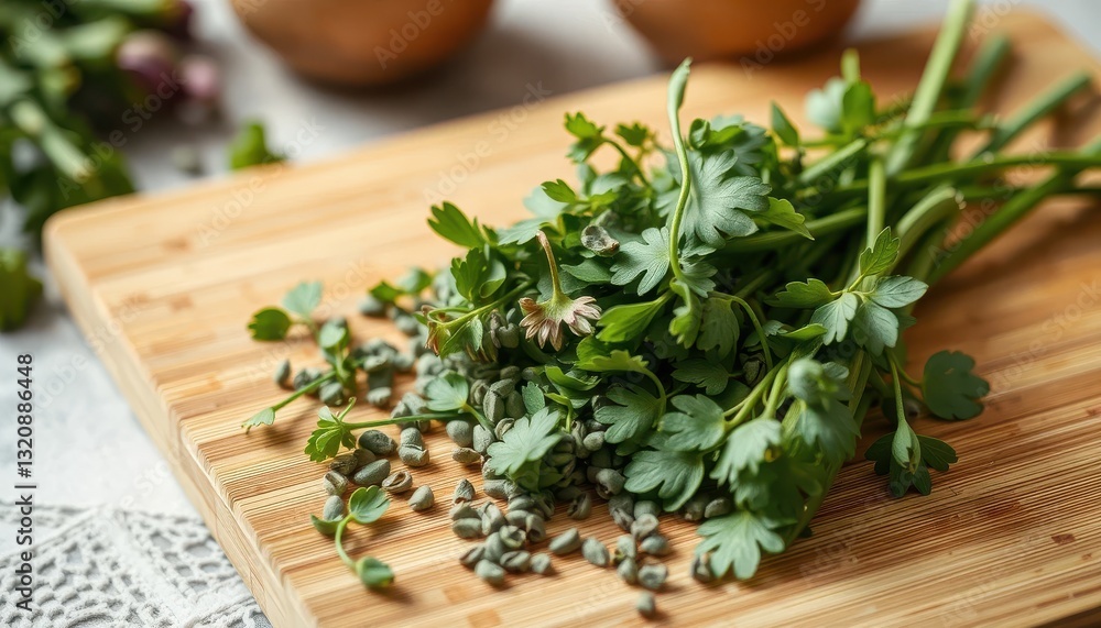 Chopping fresh cilantro kitchen counter food preparation cozy home close-up culinary arts Chopping fresh cilantro kitchen counter food preparation cozy home close-up culinary arts