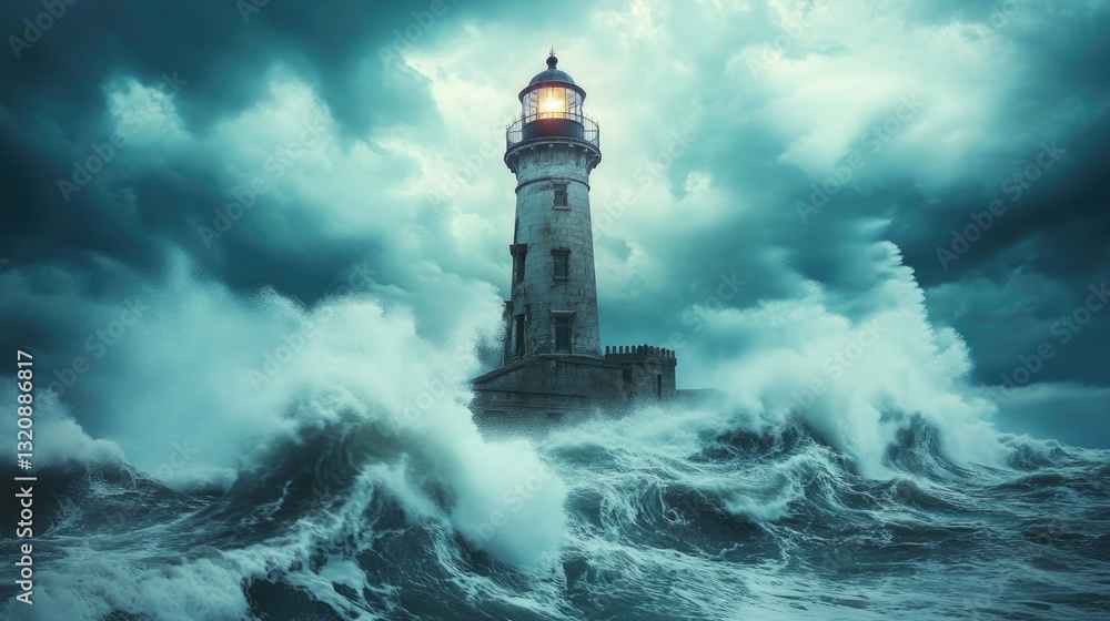 A weathered lighthouse stands firm in a turbulent ocean storm A weathered lighthouse stands firm in a turbulent ocean storm