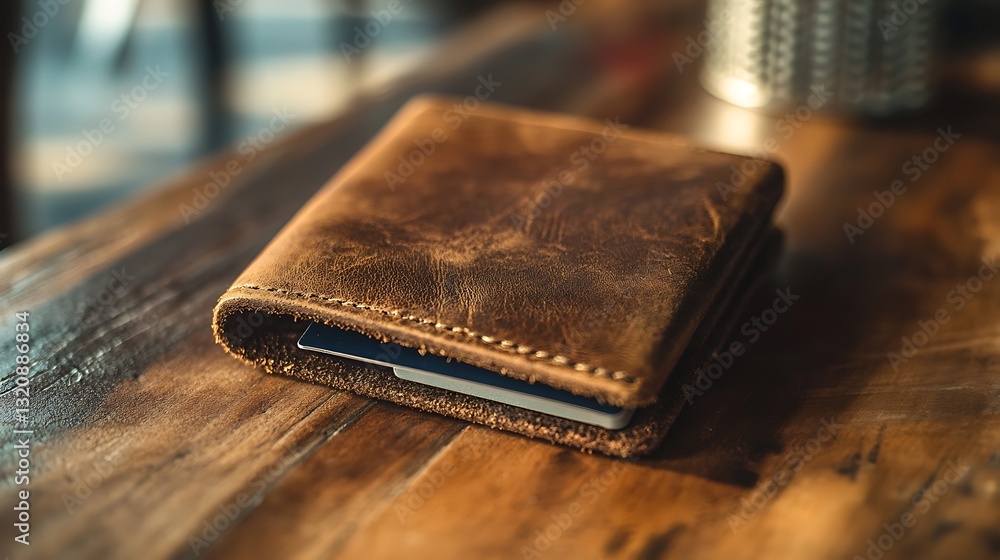 Brown leather wallet on a wooden table Brown leather wallet on a wooden table