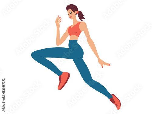 Athletic Fit Brunette Woman Running in Sportswear. Dynamic Fitness Art of Young Female in Motion. Concept of Healthy Lifestyle, Cardio Workout, Active Training, Sport Motivation. White background