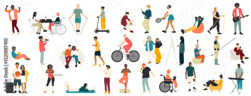 Different people are engaged in various types of leisure and relaxation. Set of different hobbies. Modern design.