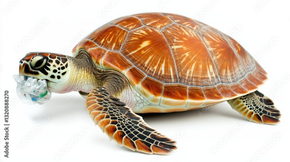 Fototapeta premium Brown Sea Turtle Choking on White Plastic Debris on White Background