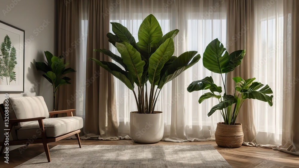 Fototapeta premium Minimalist Family Room with Ornamental Plants and Elegant Curtains, Creating a Warm and Comfortable Atmosphere in Your Home