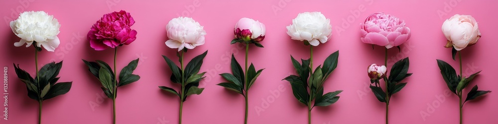 Row of Light Pink, White and Deep Pink Peonies In Various Stages of Bloom on Pink Background, Row of Light Pink, White and Deep Pink Peonies In Various Stages of Bloom on Pink Background,