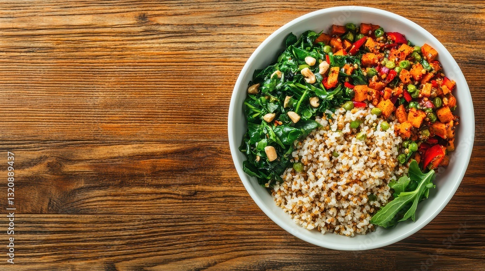 Overhead view of a vibrant vegetable bowl filled with a variety of fresh colorful produce including greens carrots tomatoes and grains placed on a rustic wooden table background This healthy Overhead view of a vibrant vegetable bowl filled with a variety of fresh colorful produce including greens carrots tomatoes and grains placed on a rustic wooden table background This healthy