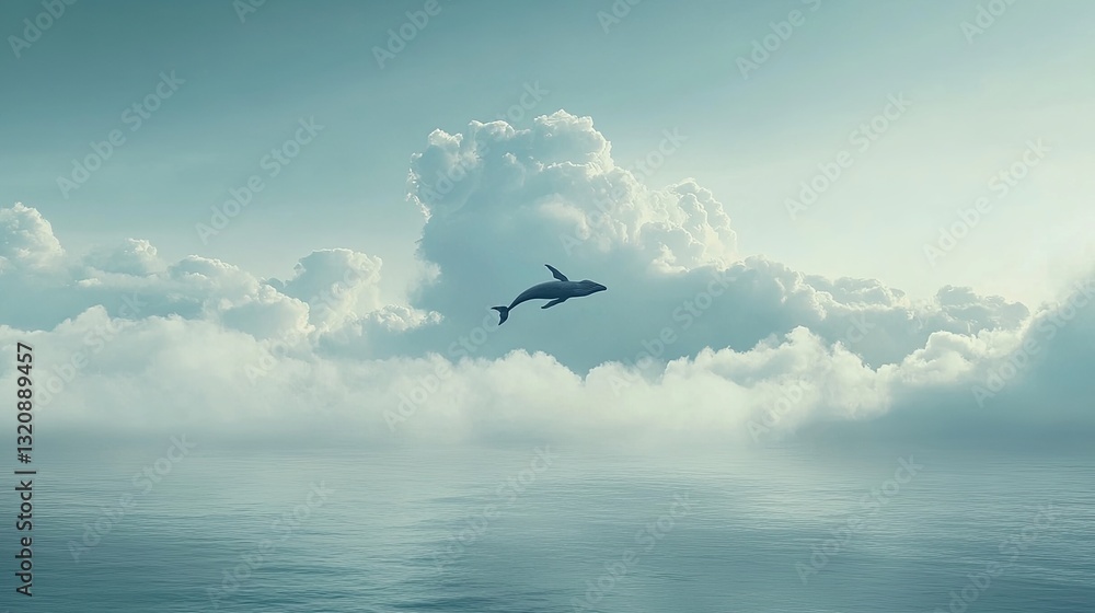 Fototapeta premium A surreal ocean scene with a whale leaping through clouds in a soft sky. picture