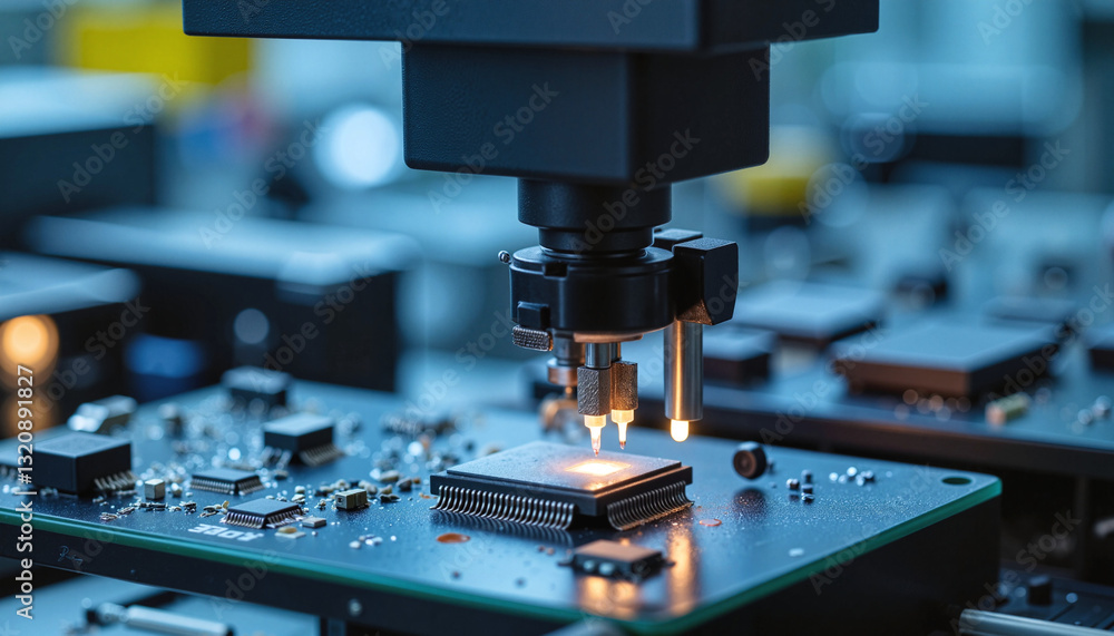 Microchip assembly process with machinery in a technology lab Microchip assembly process with machinery in a technology lab