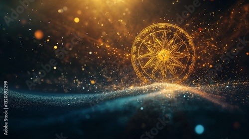 A fine golden depiction of a dharma wheel interpretation, softly radiating divine energy. Horizontal Orientation