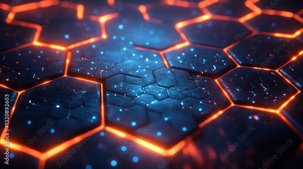 Abstract Hexagon Network Glowing Brightly Intense Blue Orange Light. AI Generated Abstract Hexagon Network Glowing Brightly Intense Blue Orange Light. AI Generated