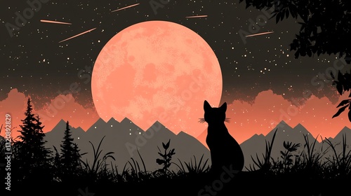 Silhouetted cat gazes serenely at giant peach moon night sky. AI Generated