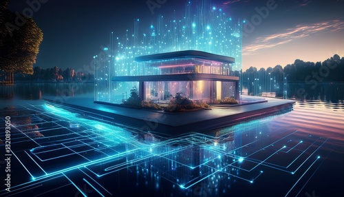 futuristic data lakehouse concept with a holographic cityscape on a serene lake reflecting cutting edge data integration photo