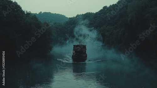 Wallpaper Mural A peaceful boat glides across the tranquil, emerald river, surrounded by misty hills and vibrant greenery, creating an atmosphere of serenity and isolation Torontodigital.ca