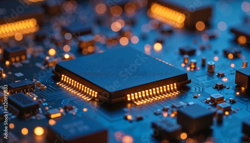 Microchip on circuit board with glowing lights