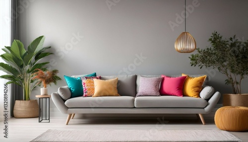 chic gray sofa with colorful pillows in a bright minimalist living room perfect for relaxation and gatherings