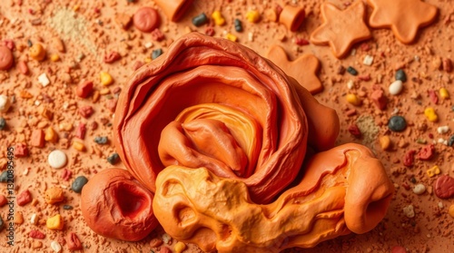 Sculptural clay art illustration, warm colors, reds oranges yellows, modeled textured shapes, random background, random colors