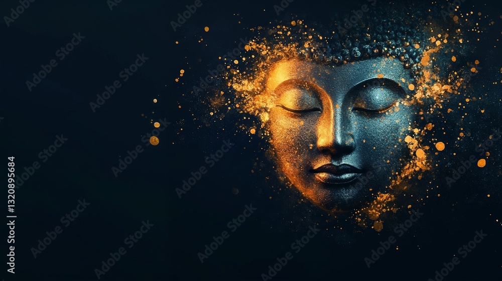 A meditative brushstroke forming the shape of Buddha’s face, soft golden glow around it. Horizontal orientation A meditative brushstroke forming the shape of Buddha’s face, soft golden glow around it. Horizontal orientation