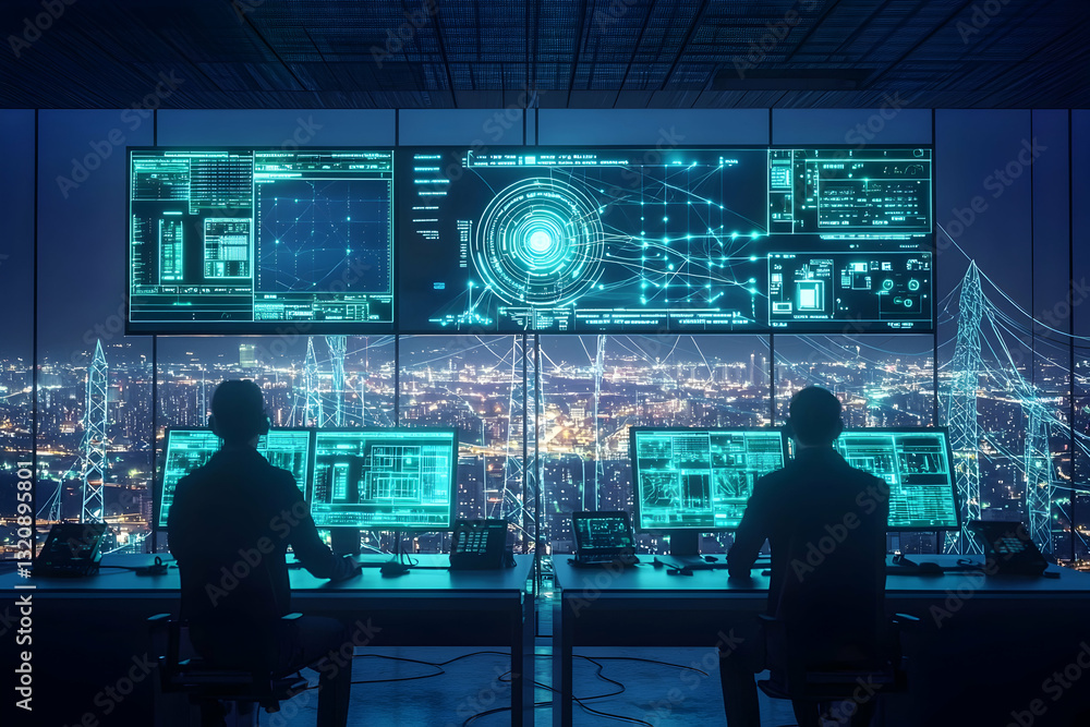 Futuristic city at twilight with an electricity pylon connected by digital nodes and lines. Futuristic city at twilight with an electricity pylon connected by digital nodes and lines.