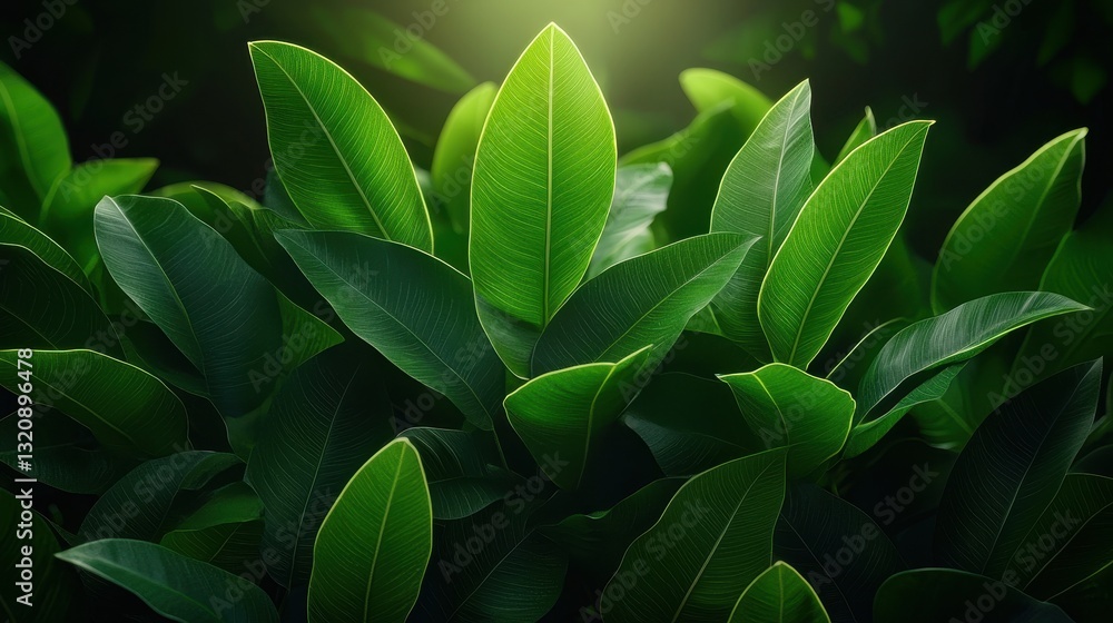 Fototapeta premium Closeup of Lush Green Leaves with Dew Drops Illuminated by Soft Light