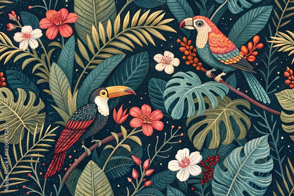 Obraz premium A vibrant seamless pattern featuring colorful parrots and tropical flowers in a lush jungle setting surrounded by branches and leaves