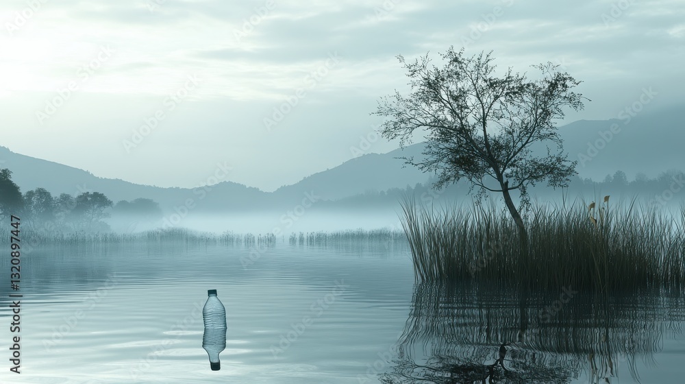 Serene Lakescape with Single Plastic Bottle Floating in Calm Water Surrounded by Misty Mountains and Tree Serene Lakescape with Single Plastic Bottle Floating in Calm Water Surrounded by Misty Mountains and Tree