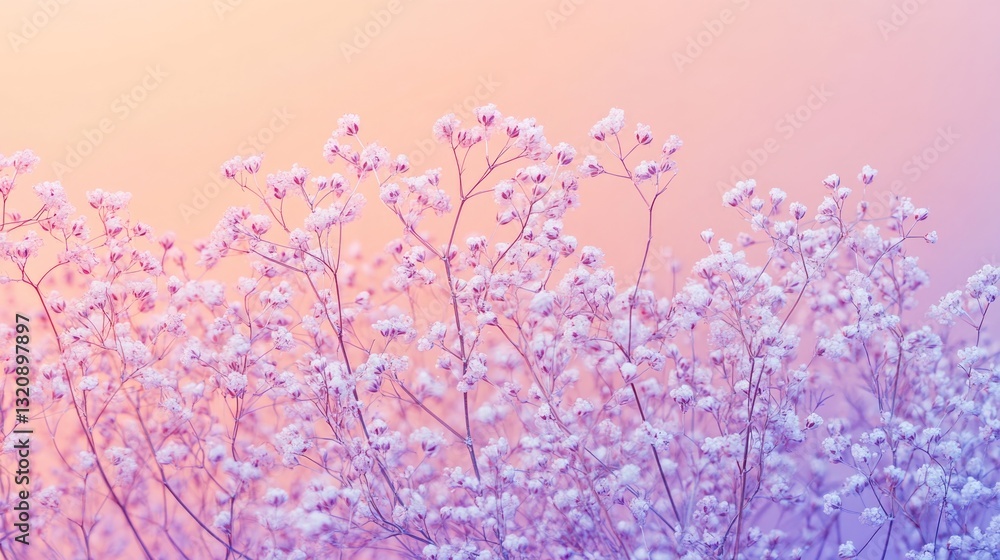 Delicate white flowers with slender stems against colorful gradient background Delicate white flowers with slender stems against colorful gradient background