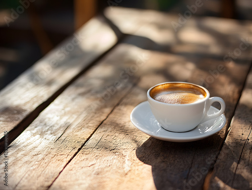 Serene Cappuccino on Weathered Wooden Table in Soft Sunlight - Ideal for Caf�� - themed Social Media Posts and Relaxing PPT Backgrounds 