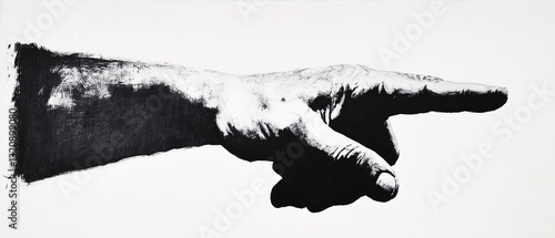 A black and white high-contrast illustration of a pointing hand in vintage engraving style with strong shadows and textured details  
