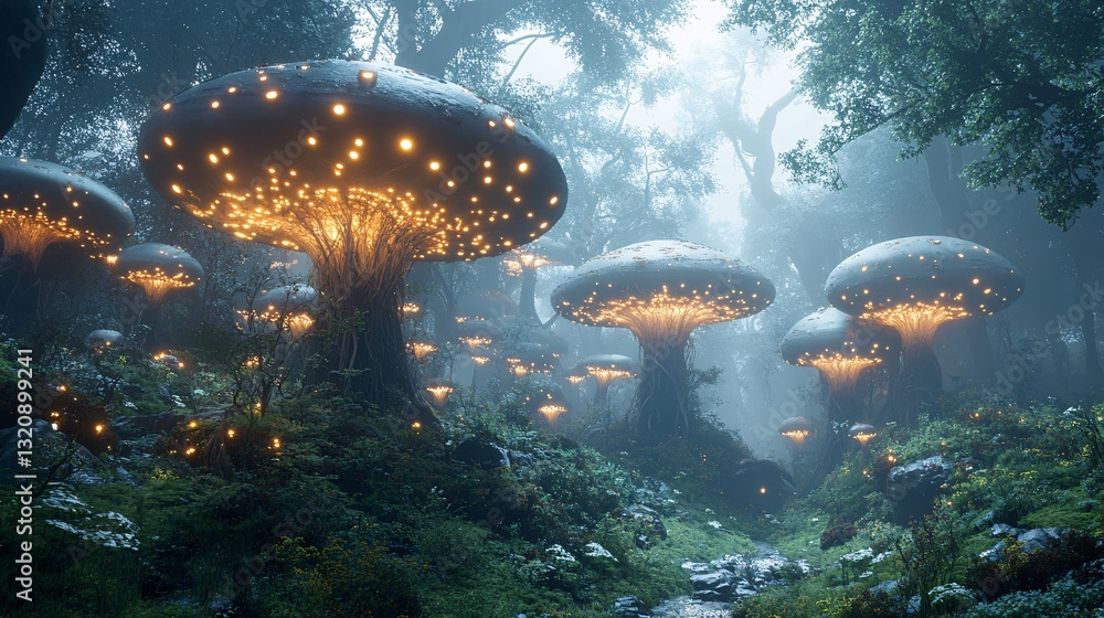 Illuminated giant mushrooms grow inside of a mystical and foggy forest scene Illuminated giant mushrooms grow inside of a mystical and foggy forest scene