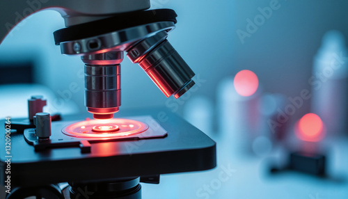 Modern microscope analyzing blood sample on slide