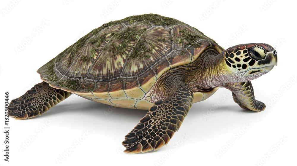 Obraz premium Green Sea Turtle Crawling on White Background Studio Shot