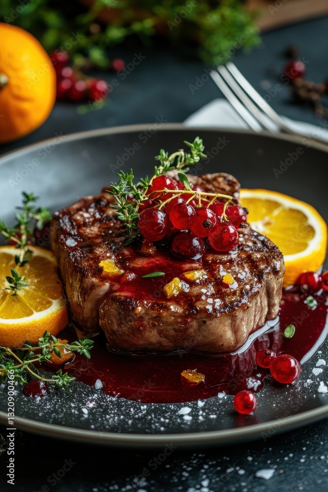 Succulent steak drizzled with a vibrant fruit sauce, beautifully plated for a gourmet dining experience. Succulent steak drizzled with a vibrant fruit sauce, beautifully plated for a gourmet dining experience.