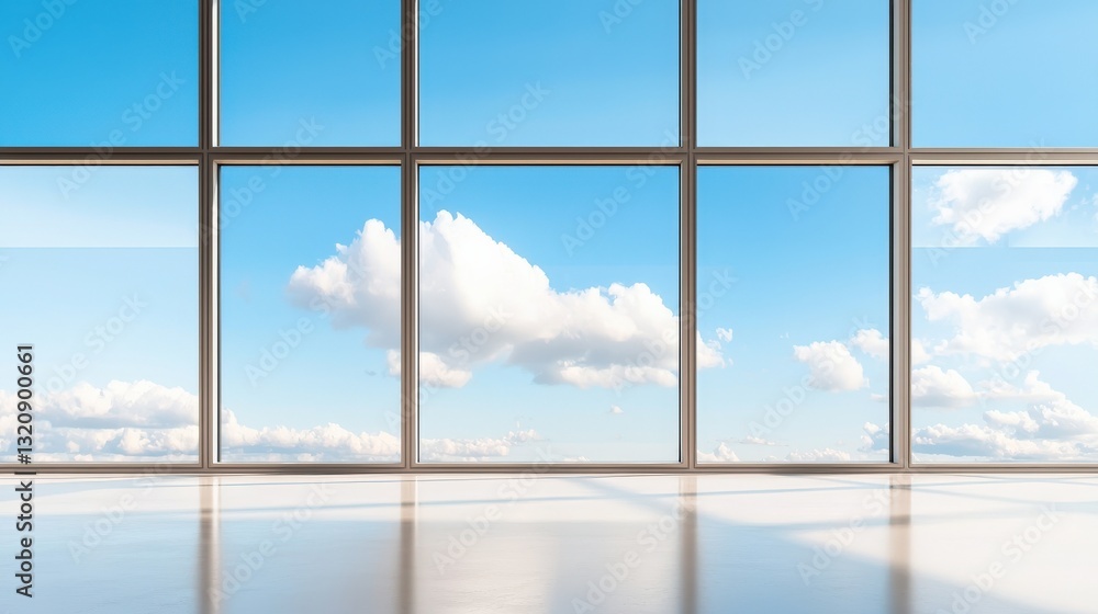 Fototapeta premium material science coatings concept. Bright interior view with large windows showcasing a clear sky and clouds.