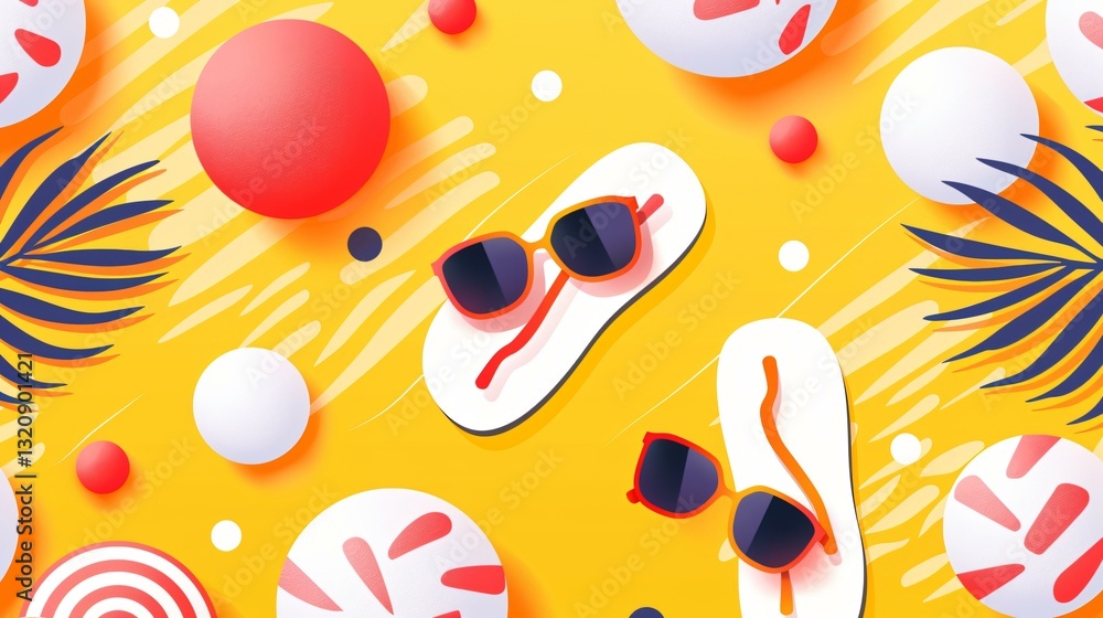 A bold retro summer graphic featuring symbols like flip-flops and sunglasses rendered in warm, nostalgic hues for a playful vibe. A bold retro summer graphic featuring symbols like flip-flops and sunglasses rendered in warm, nostalgic hues for a playful vibe.