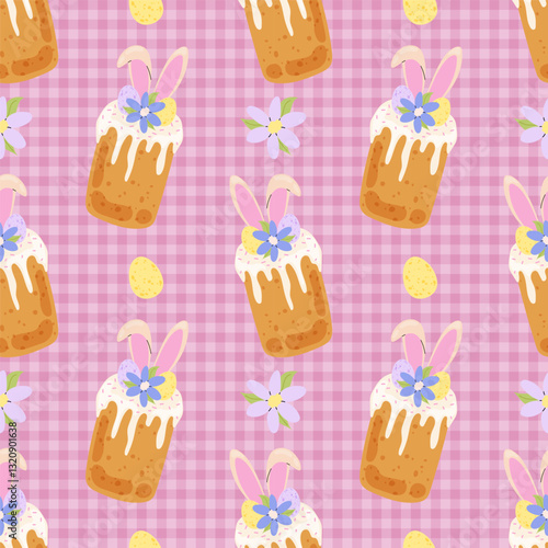 Easter Background. Holiday pastry with bunny ears, Easter eggs and flower on pink chequered background. Seamless pattern for textile, wrapping paper, postcards or covers.
