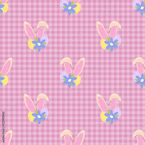 Easter Background. Easter egg with rabbit ears and flower on pink chequered background. Seamless pattern for textile, wrapping paper, postcards or covers.