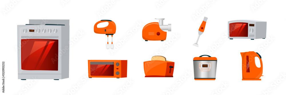 A collection of kitchen appliances displayed in a vibrant orange color scheme, including an oven, blender, microwave, and kettle, highlighting a modern culinary environment. A collection of kitchen appliances displayed in a vibrant orange color scheme, including an oven, blender, microwave, and kettle, highlighting a modern culinary environment.