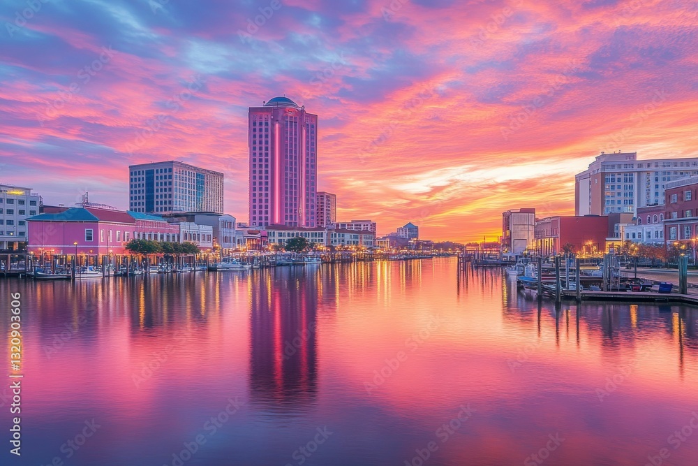 Obraz premium Hampton Virginia Downtown: Sunset View of Waterfront District under Colorful Sky