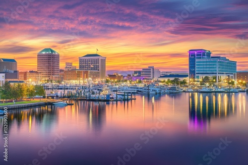 Wallpaper Mural Hampton Virginia Downtown Waterfront at Sunset: Colorful Sky and City Landscape Torontodigital.ca