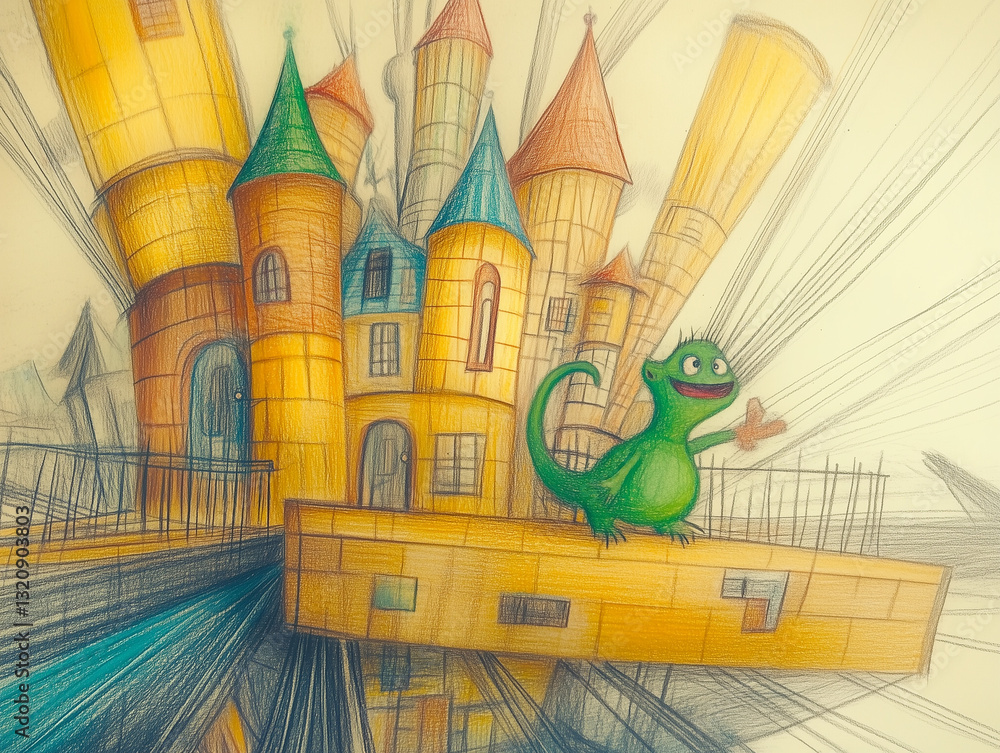 Friendly Lizard Playfully Perched on Magical Castle Against Dynamic Linear Background Friendly Lizard Playfully Perched on Magical Castle Against Dynamic Linear Background