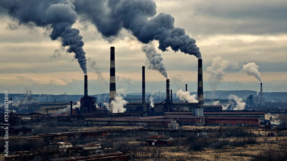 Extreme wide shot of a steel factory emitting heavy smoke from multiple tall chimneys Extreme wide shot of a steel factory emitting heavy smoke from multiple tall chimneys
