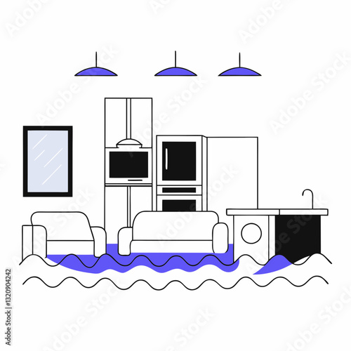 Illustration of a flooded room with furniture and appliances submerged in water