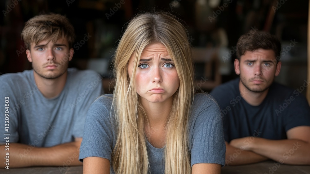 Fototapeta premium Young Woman Looking Sad With Two Young Men Sitting With Arms Crossed, Upset Facial Expression