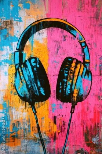 Wallpaper Mural Headphones Graffiti Art. Stencil Style Music and Hip Hop Culture Spray Paint Background Torontodigital.ca