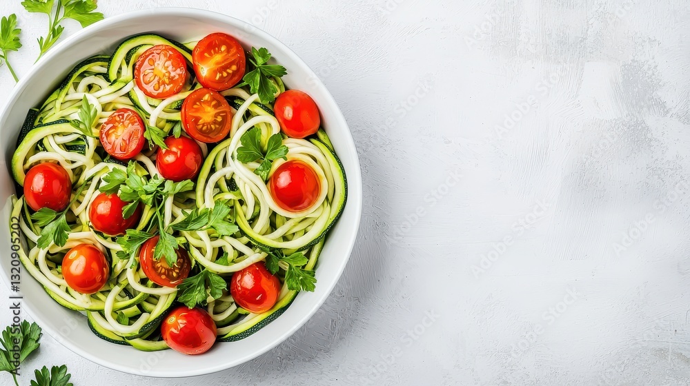 Healthy and Flavorful Zucchini Noodle Salad Featuring Fresh Tomatoes Leafy Greens and Aromatic Herbs Served on a White Ceramic Plate Healthy and Flavorful Zucchini Noodle Salad Featuring Fresh Tomatoes Leafy Greens and Aromatic Herbs Served on a White Ceramic Plate