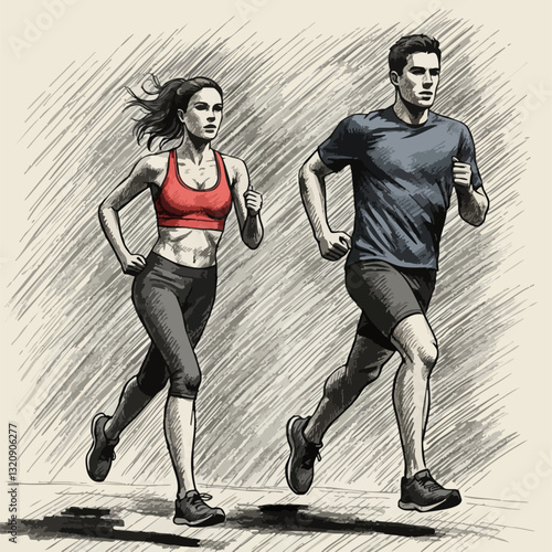 Running man and woman, vector sketch. Run, side view. Drawing of athletic looking male and female runners running. EPS 10 version.