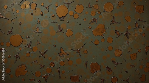 Cast bronze surface illustration, strong moody style. Low contrast, antique patina finish, random background illustration, random colors