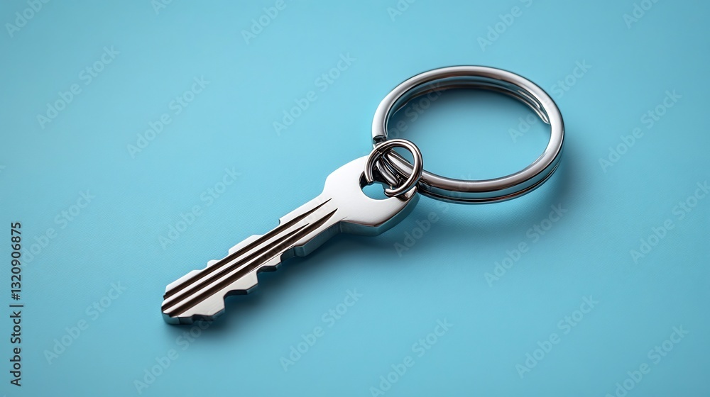 Silver Key on Blue Background: Minimalist Product Shot. AI Generated